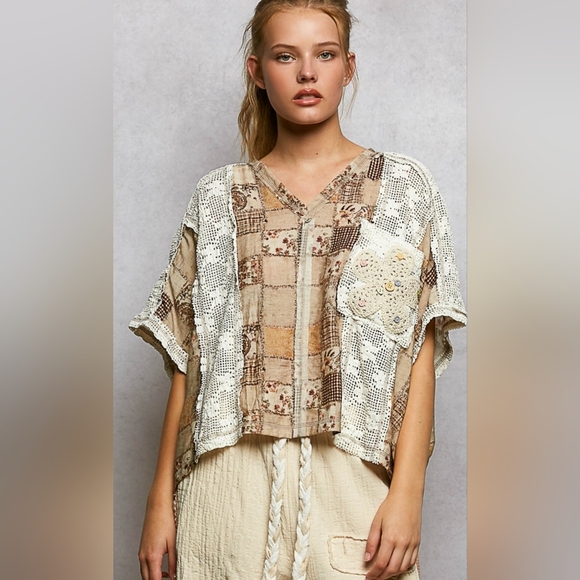 POL Tops - POL Patchwork Crochet Beige & Cream Boho Top